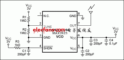 Figure 2. The transmitter consists of a voltage-controlled oscillator, tuned by R1 and R2 to approximately 915MHz.