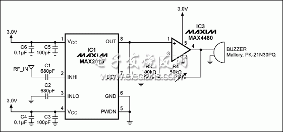 Figure 2. Substituting an op amp for the comparator in Figure 1 enables the audible alarm in this circuit to increase in volume as you approach the RF source.