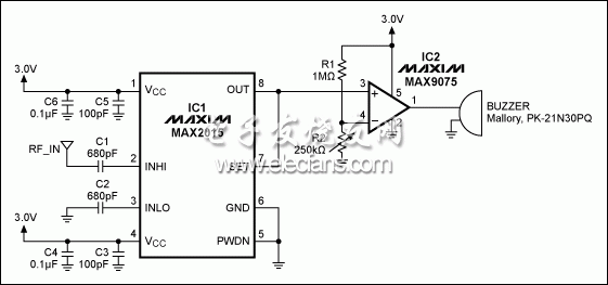 Figure 1. This circuit sounds a buzzer alarm when it detects an RF signal in the range 100MHz to 3000MHz, above approximately -35dBm.