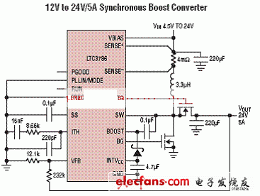 LTC3786构成的同步升压转换器电路(12V-24V/5A)