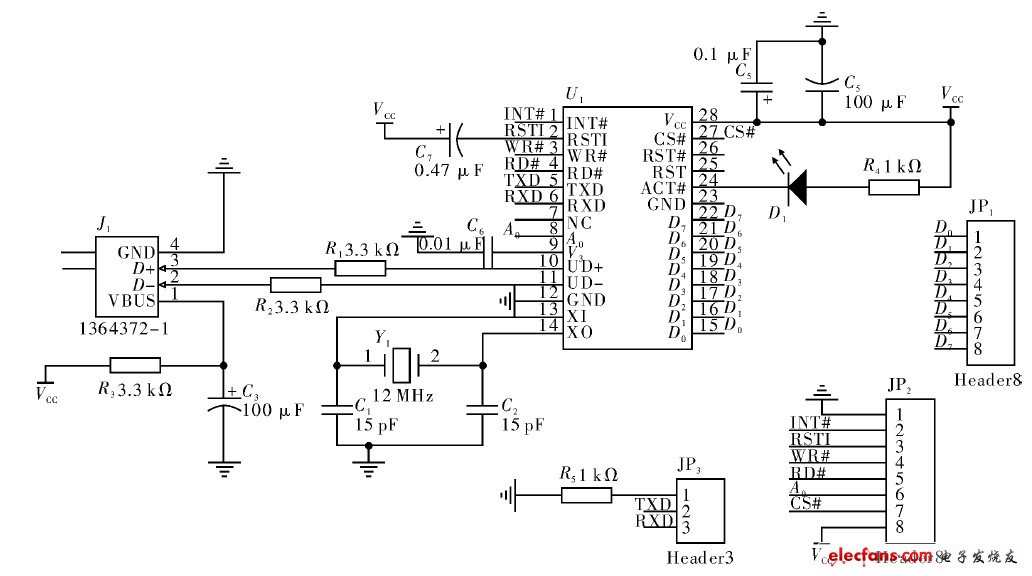 图2 CH375 外围硬件电路