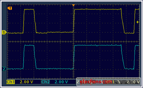 图5. 通信波形：适配器(上部)、受保护从器件(下部)。图4所示电路未造成1-Wire信号失真。