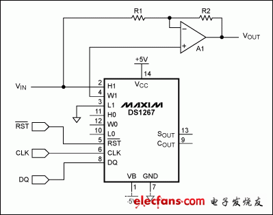 图2. 利用数字电位器代替S1和S2，可以数字控制电路增益(从-1至+1)。DS1267上电时滑动端位于电位器的中心位置，相当于在反相和同相输入端施加相同电压，使运算放大器输出为零，从而建立一个有效的上电静音功能。