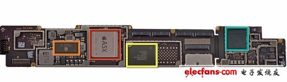 主板另一侧几乎是全新的：苹果A5X处理器。苹果343S0561芯片，它看起来像是343S052芯片的升级产品（在iPad 2采用），用于能源管理