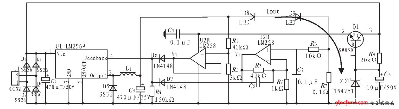 图4 基于LM2596-ADJ 的LED 开关恒流稳压电源