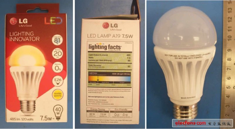 LG 7.5W LED A19灯泡LB08D830L0A。E50JWU0在包装内外对比