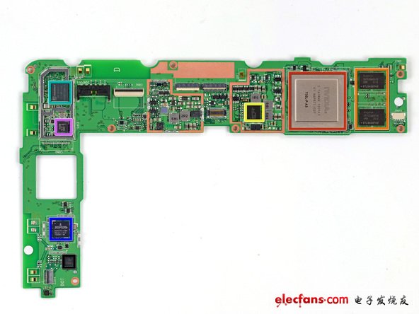 主板主要包含了以下厂商芯片：NVIDIA T30L Tegra 3 处理器；Hynix HTC2G83CFR DDR3 RAM；Max 77612A转换开关调节器；AzureWave AW-NH665无线模块；Broadcom BCM4751单芯片集成GPS接收器；NXP 65N04；Invensense MPU-6050陀螺仪和加速度计