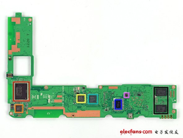 主板的另外一面也同样布满了芯片，都有：Kingston KE44B-26BN/8GB 8GB 闪存；RMC ALCS642；ELAN eKTF36248WS；ELAN eKTH10368WS；Texas Instruments 22C96ST；TI20 MI60；Hynix HTC2G83CFR DDR3 RAM