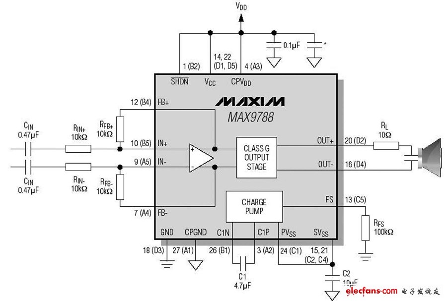 采用MAX9788的典型陶瓷扬声器应用电路
