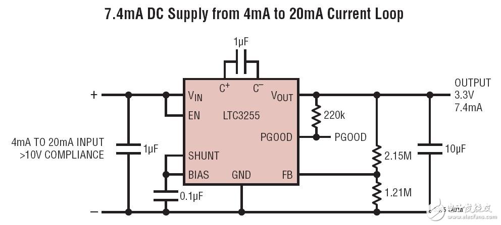 由 4mA至 20mA电流环路提供的 7.4mA DC电源电路图