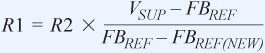 电阻分压器的必需值可以使用公式1计算，其中 VSUP是辅助调节电压， FBREF（NEW）是RSENSE两端的目标电压。