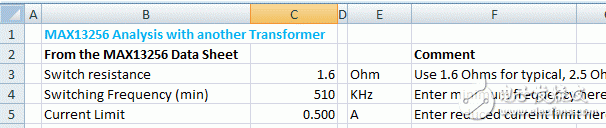 Figure 6. Data entry for MAX13256 general-purpose transformer example, MAX13256 section.