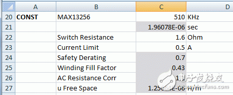  Figure 13. Switching frequency and peak current input to the MAX13256 transformer design spreadsheet.