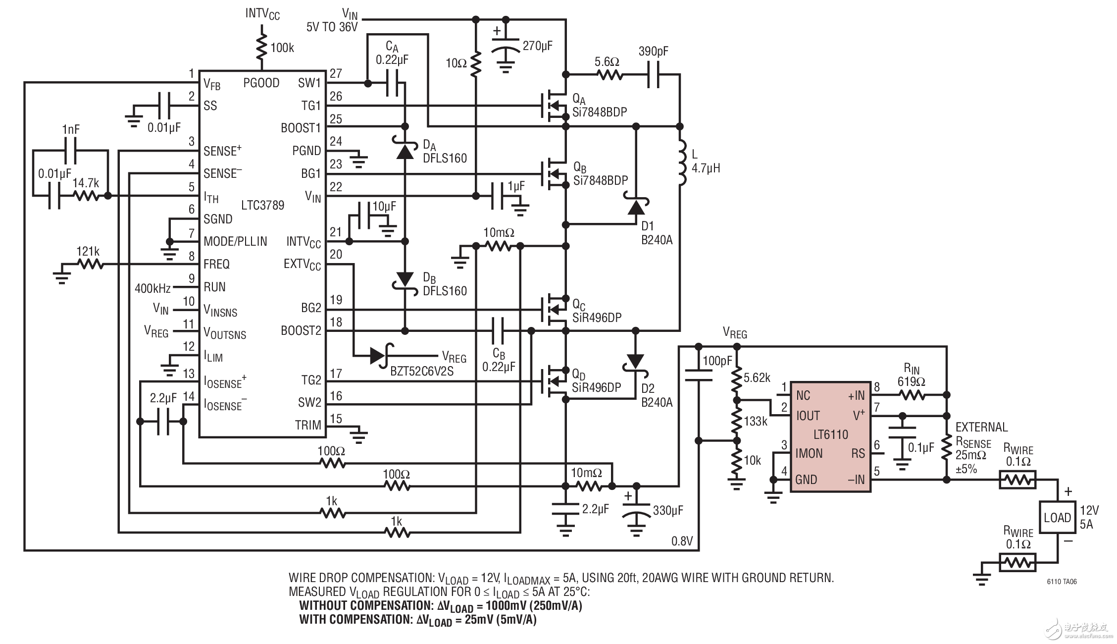 采用外部RSENSE和LTC3789降压-升压型稳压器的LT6110(在12V)LT6110 with External RSENSE and LTC3789 Buck-Boost Regulator at 12V