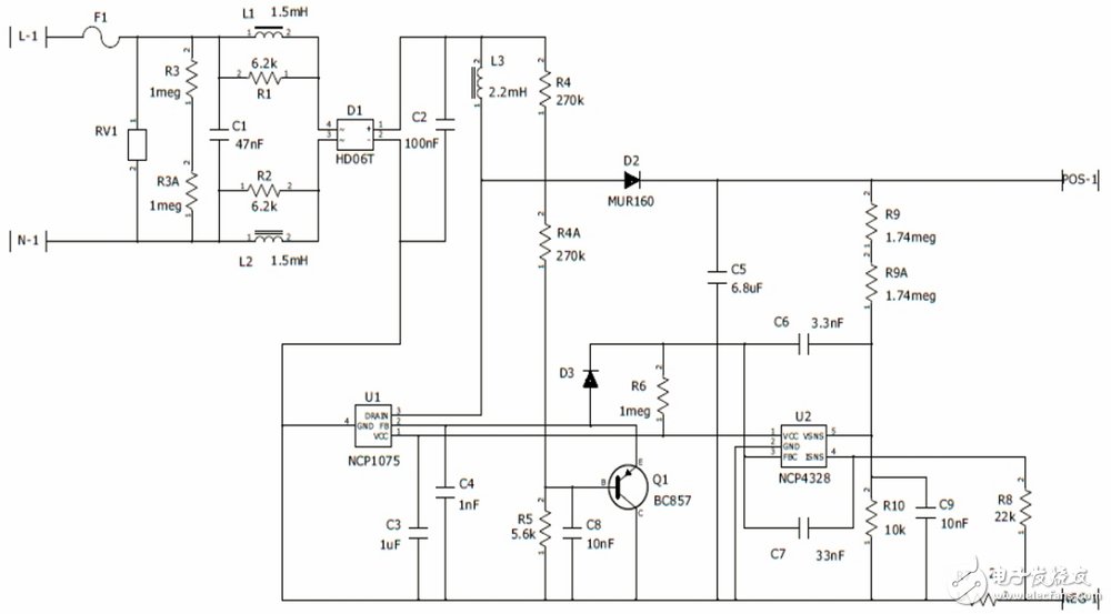 图2：基于NCP1075和NCP4328A的升压LED驱动电路图。