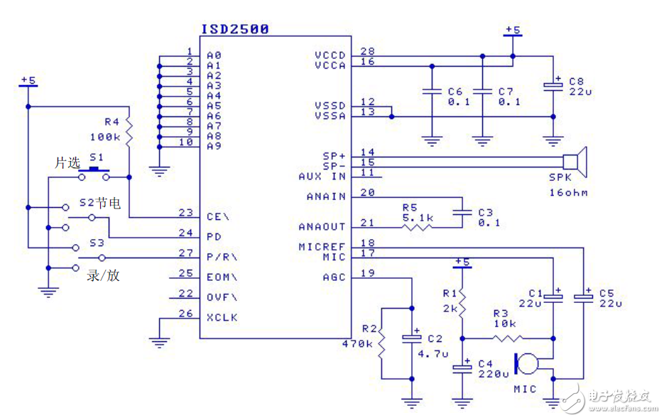 AT89C2051控制语音芯片录放音系统电路 —电路图天天读（108）