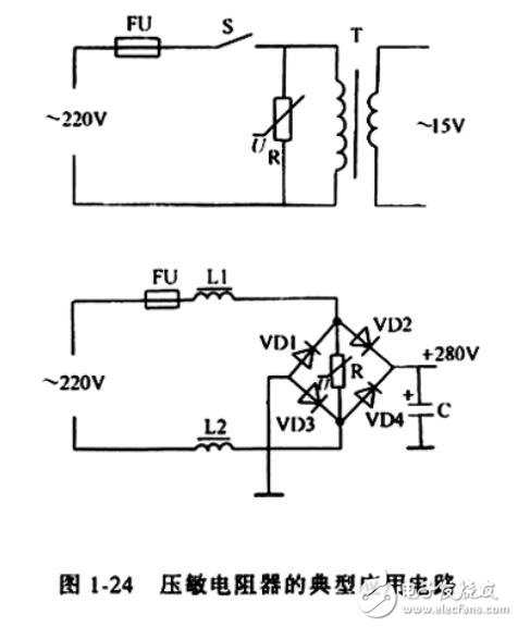 压敏电阻器的典型应用电路。