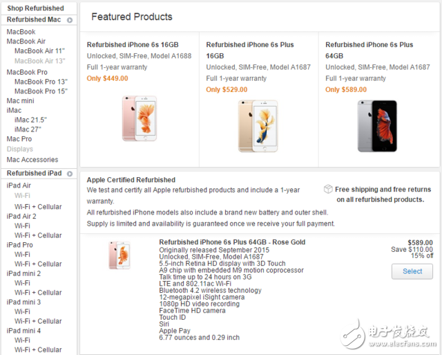 iphone6s 多少钱：16GB的翻新iphone6s售价449美元
