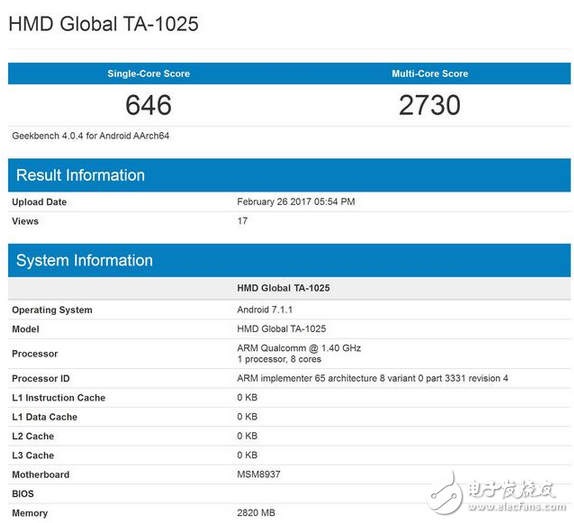 诺基亚5跑分曝光：骁龙430+安卓7.1.1+高配3GB运存
