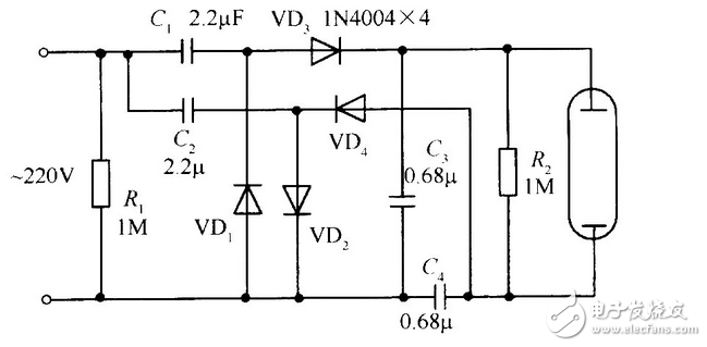正半周时，D1导通，D2截止，电容器C1充电到Vm，其电流路径及电容C1的极性如上图（a）所示。