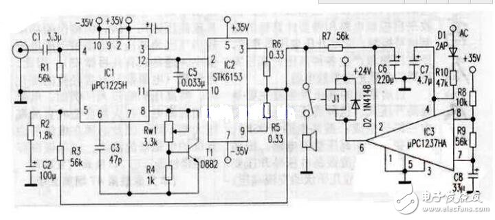 uPC1225H是NEC推出的50W音响驱动电路，芯片内部设置有完善的保护环节，外围电路虽然略微复杂了一些，但uPC1225H的输出电压偏差只有±5mV，极宽的功率频带与极高的转换速率使之比LM3886等集成功放的音色温暖，柔和且更加耐听。