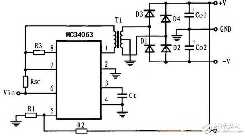 图1为采用MC34063芯片构成的隔离高压大电流变压器初级线圈驱动电路。当芯片内部的开关管导通时，MC34063的2脚将呈现高电平，外部P型三极管Q1截止，N型MOSFET管Q2导通。电流经变压器初级线圈和Q2到地，初级线圈储存能量。当内部开关管关断时，MC34063的2脚为低电平，Q1导通，Q2截止，初级线圈回路断开。能量耦合到变压器的次级线圈。