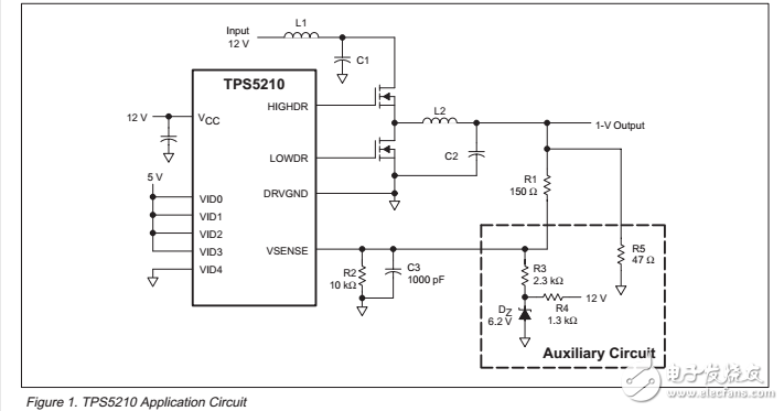 扩展输出电压调整（0 V至3.5 V）使用tps5210