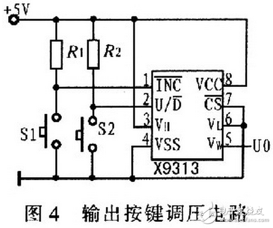 X9313为工业级的32抽头数控电位器，最大阻值为10 kΩ，采用8引脚，有DIP、OIC、FSSOP 3种封装。X9313的内部功能框图，如图3所示。它由输入部分、5位E2PROM、存储和调用电路、32选l译码器、由MOS场效应管构成的32路模拟开关、电阻阵列6部分组成。其中输入部分是5位加／减计数器经过三线加／减式接口（）与单片机相连，其工作像一个升／降计数器，输出经译码，控制接通某个电子开关，这样就把电阻阵列上的一个点连接到滑动输出端。