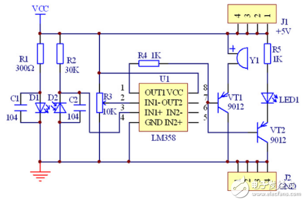 红外二极管感应报警电路PCB板的设计原理图