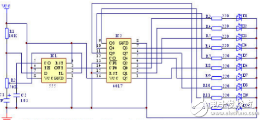 基于555定时器和Johnson计数器的CD4017十路流水灯电路的设计与制作