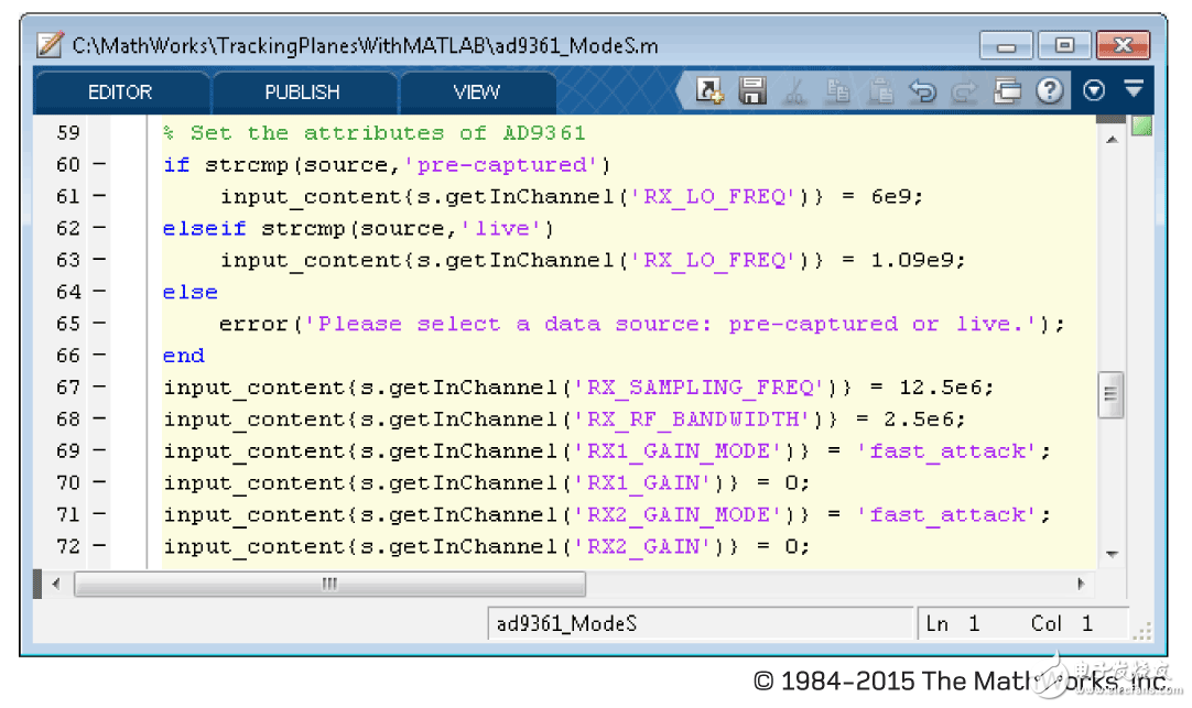 图3. 配置FMCOMMS3板的MATLAB代码示例