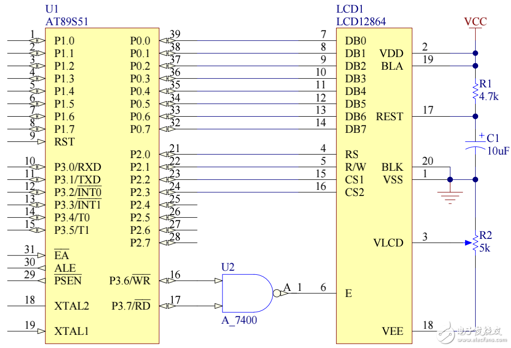 点阵式LCD12864接口与程序设计分析及总线驱动模式电路连线图的介绍
