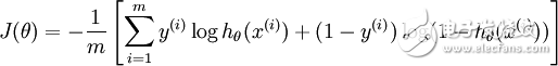 egin{align}J(	heta) = -frac{1}{m} left[ sum_{i=1}^m y^{(i)} log h_	heta(x^{(i)}) + (1-y^{(i)}) log (1-h_	heta(x^{(i)})) 
ight]end{align}