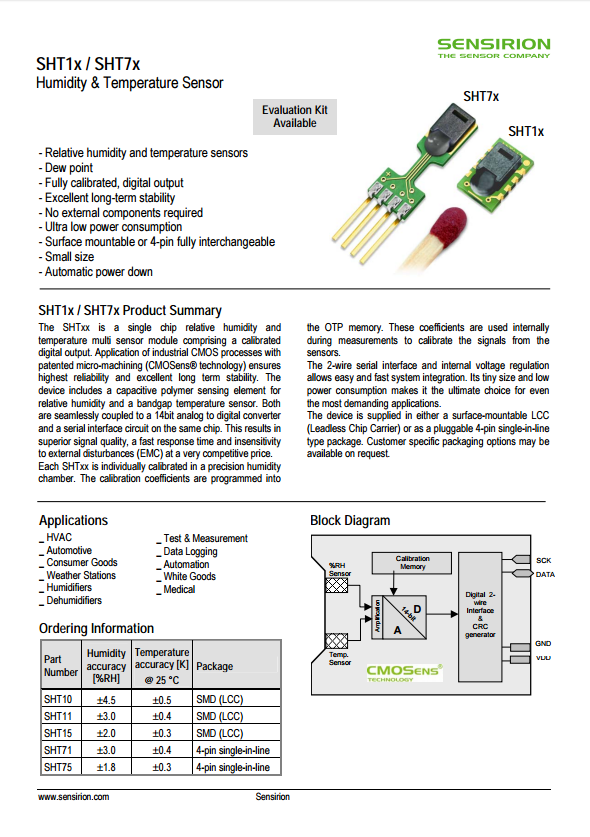 sht75温湿度传感器引脚信息及工作模式资料
