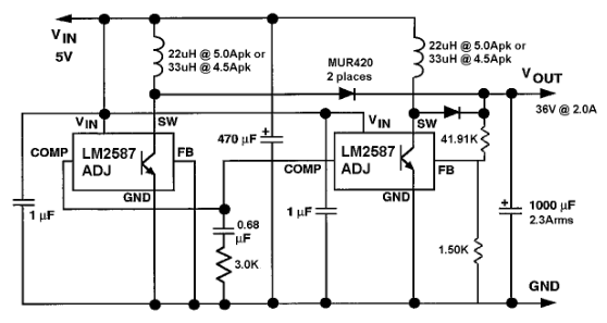 增加LM2588升压调节器中的可用负载功率（通过并联）